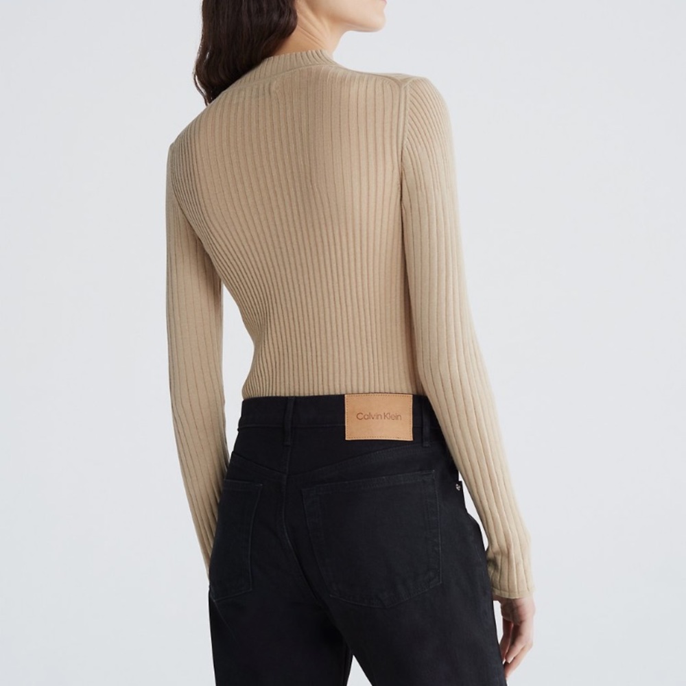 Calvin Klein Jeans Tan Camel Logo Mock Neck Ribbed Long Sleeve Sweater